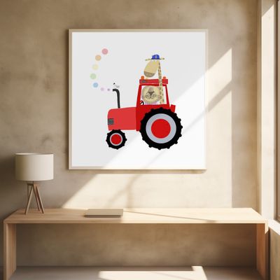 Giraffe and Lion in Red Tractor with Rainbow Spots by Carla Daly
