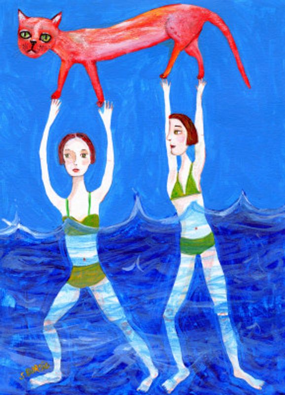 Two swimmers with pink cat