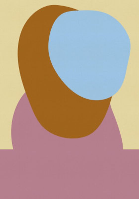 Abstract pastel shapes in lilac, burnt orange and light blue.