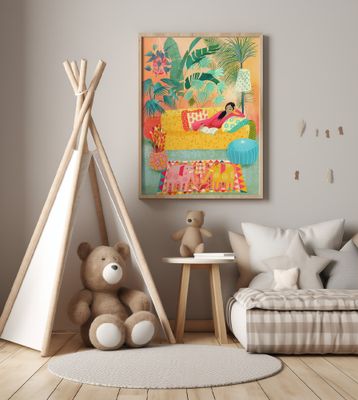 Woman Reading In Tropical Living Room