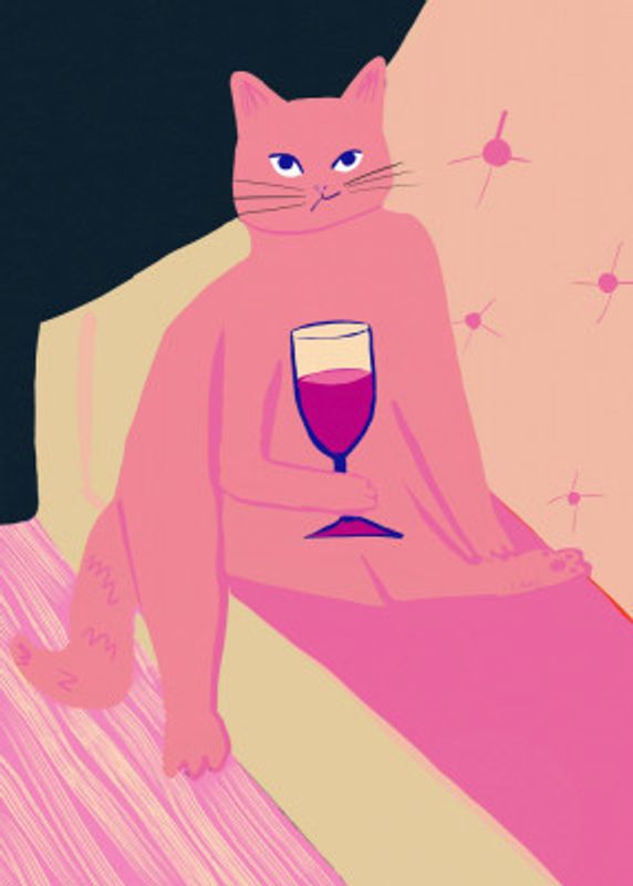 Big pink cat enjoying a wine