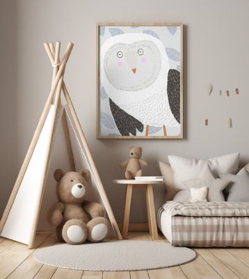 Funny Winter Owl with Grey Leaf Pattern by Artist Carla Daly