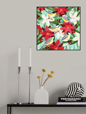 Winter birds tits and Christmas flowers