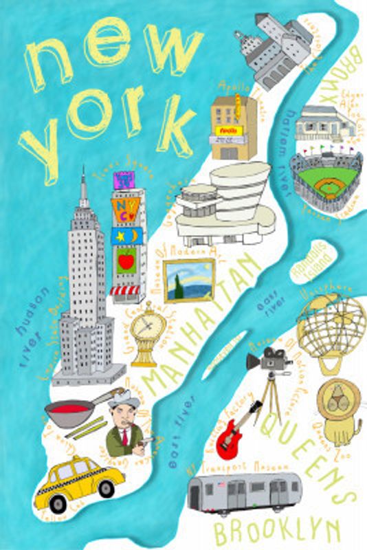 Brightly Colored Illustrated Map of New York by Map Artist Carla Daly