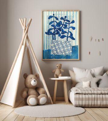 Denim blue patterned vase watercolor