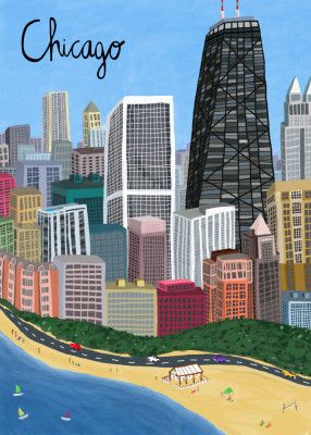 Chicago City with Beachfront on Lake Michigan by Artist Carla Daly