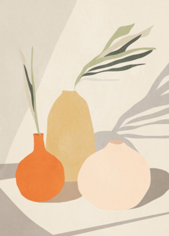 Abstract Vases With Green Leaves