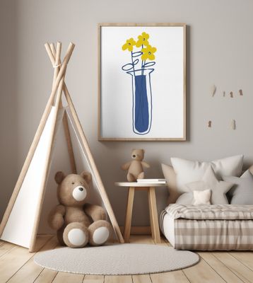 Blue Vases With Minimalist Yellow Flowers
