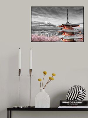 Magnificent view of Mount Fuji with Chureito Pagoda during cherry blossom season - colorkey