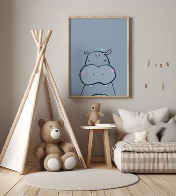 Simple Inky Hippo and bird -  Simple Boho Kids &amp; baby nursery jungle theme