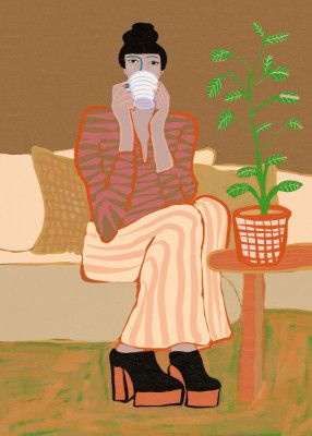 Lady having coffee Woman Sitting with pot plant