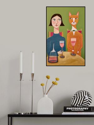 Lady and Cat Drinking Wine