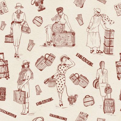 Vintage Ladies Traveling - Vintage Travel Stories - Burnt Red - Pattern