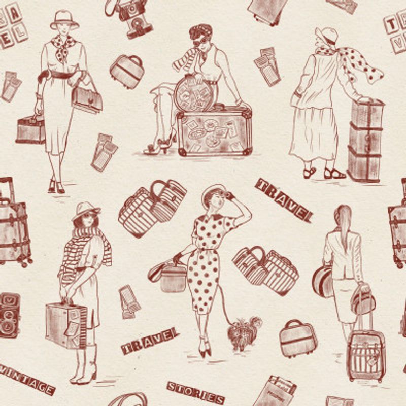 Vintage Ladies Traveling - Vintage Travel Stories - Burnt Red - Pattern