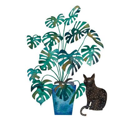 Black Cat With Monstera Plant