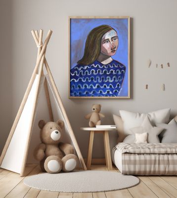 Woman in Blue Sweater Naive Portrait Figurative