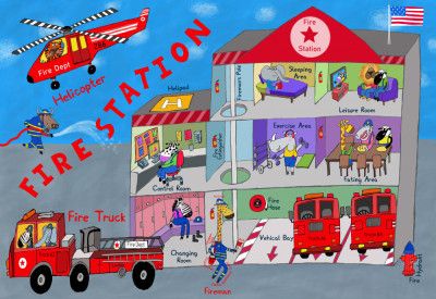 Firemen and the Fire Station by Artist Carla Daly