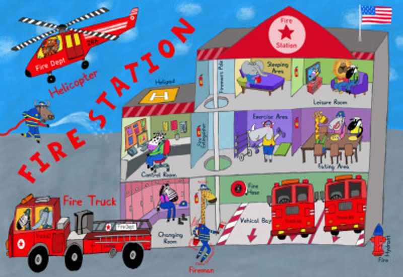 Firemen and the Fire Station by Artist Carla Daly