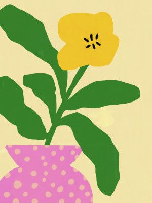 Yellow Flower With Green Leaves In A Pink Vase
