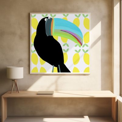 Tropical Toucan Bird with Lemon Pattern Background by Carla Daly