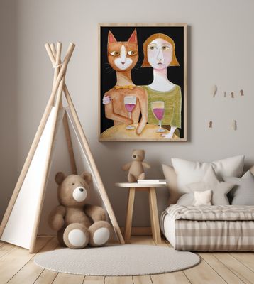 Best Friends Cat and Lady drinking wine