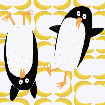 Funny Penguins with Banana Pattern Background by Carla Daly