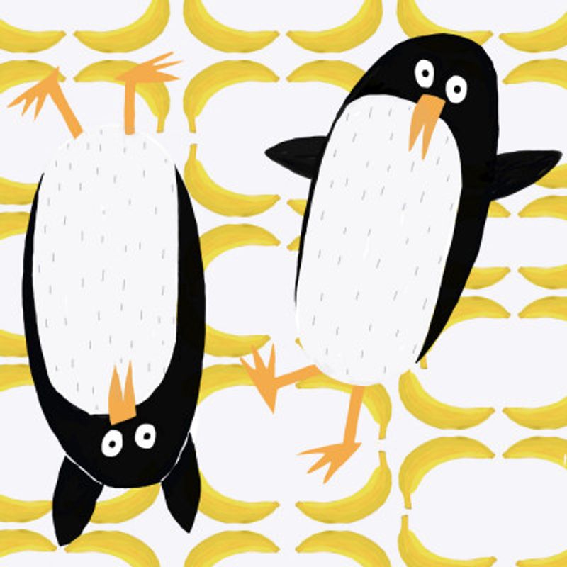 Funny Penguins with Banana Pattern Background by Carla Daly