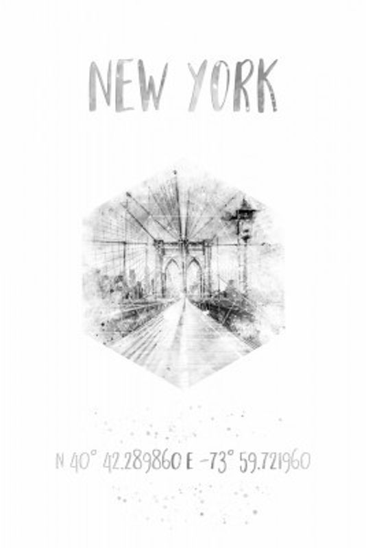 Coordinates NYC Brooklyn Bridge |  monochrome watercolor