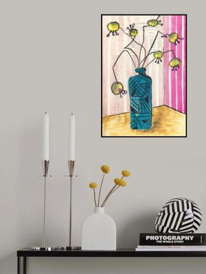 Hand-painted crazy flowers in a vase midcentury still life