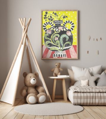 Folksy Greek Vase On Striped Table