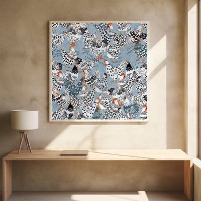 Blue chicken family pecking on the ground