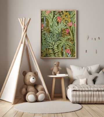 tropical lounge with dragon fruit emerald pattern