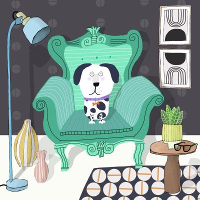 Funny Dog Sitting in a Trendy Interior by Carla Daly