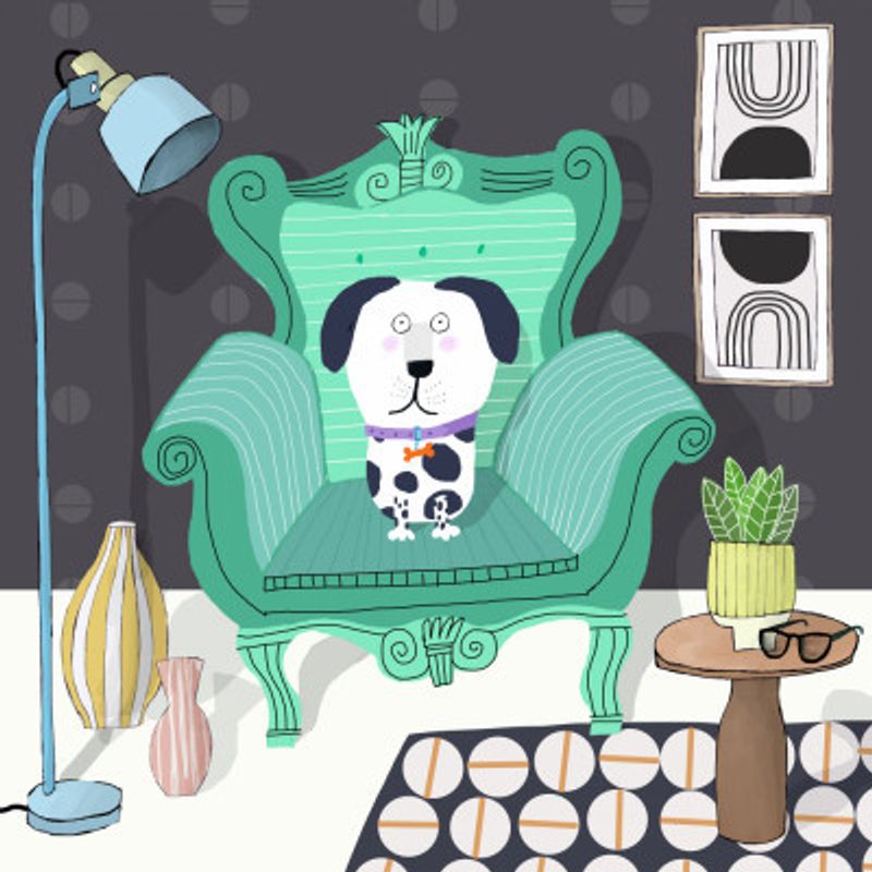 Funny Dog Sitting in a Trendy Interior by Carla Daly