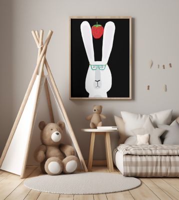 Cute White Rabbit with Strawberry by Artist Carla Daly