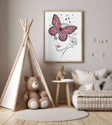 Woman Face with a Pink Butterfly