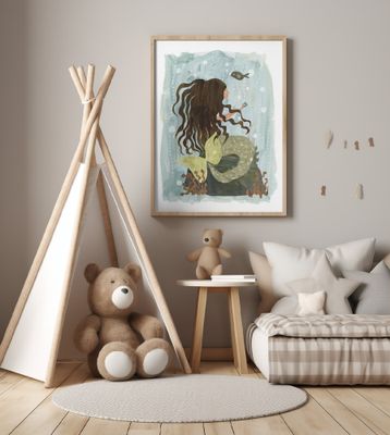 The Mermaid and a Pearl, Coastal Wall art, whimsical folk art