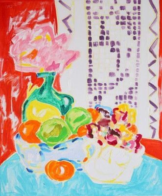 Still Life with Lace, Fruit, Vase of Pink Gypsophila and Porcelain Swan with Flowers, Tamara Jare, oil on canvas, 2025