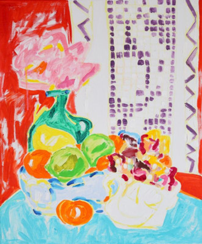 Still Life with Lace, Fruit, Vase of Pink Gypsophila and Porcelain Swan with Flowers, Tamara Jare, oil on canvas, 2025