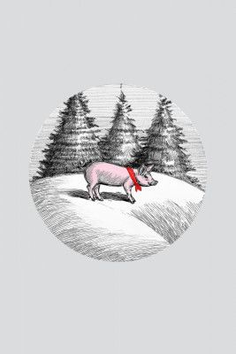 Winter Scenes: Holiday Pink Pig With Red Neck Bow Tie 1