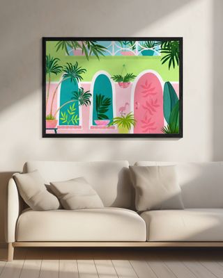 Garden Scene with Lush Green Plants Colorful Pots and a Flamingo