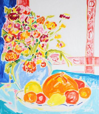 Still life with Strawflowers Bouquet and Plate of Pumpkin and Fruit, Tamara Jare, oil on canvas