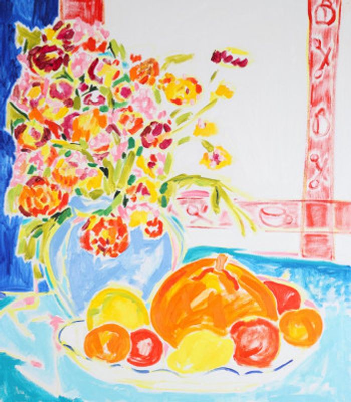 Still life with Strawflowers Bouquet and Plate of Pumpkin and Fruit, Tamara Jare, oil on canvas