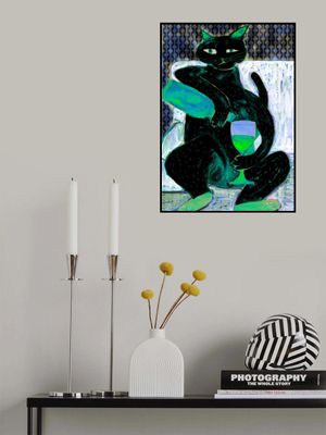 Big black cat drinking wine