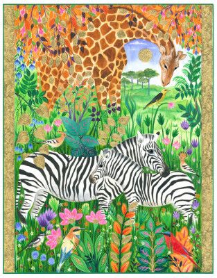 Giraffe and Zebras Amidst Vibrant Flora and Birds