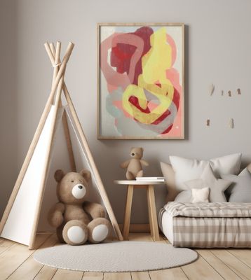 Abstract Painting In Pastel. Yellow, red and grey.