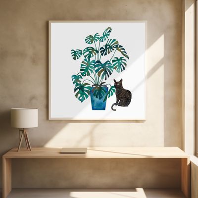 Black Cat With Monstera Plant