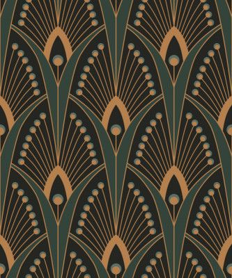 Geometric Art Deco Peacock Feathers Forest Green