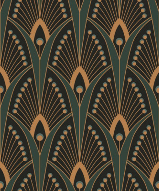 Geometric Art Deco Peacock Feathers Forest Green