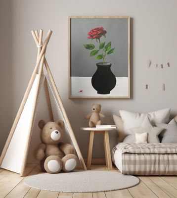 Red Rose in a Black Vase - Red Rose Painting – Scandinavian-Japanese Minimalist Floral Art in Black Vase for Serene Home, Office or Gift Interior - 008